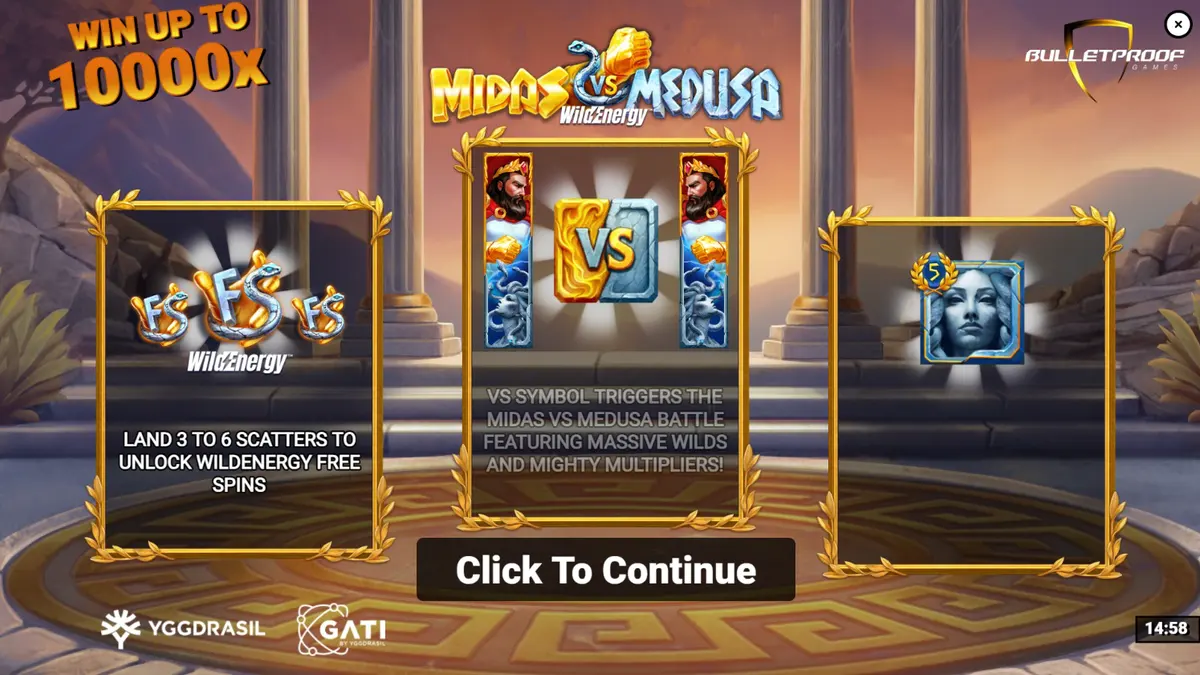 Tampilan visual epik dari slot Midas VS Medusa WildEnergy dengan latar belakang pertempuran mitologi.